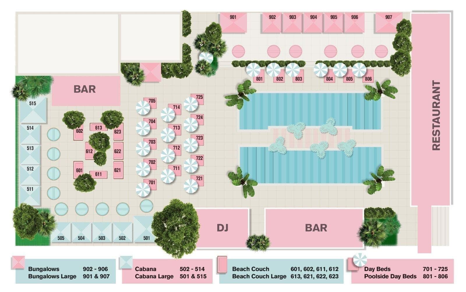 Rooftop pool deck floor plan for Goodtime Hotel Pool Party at the Goodtime Hotel